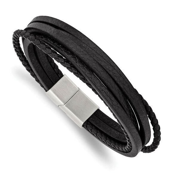 Stainless Steel & Genuine Black Leather Multi Strand Bracelet 8 Inch